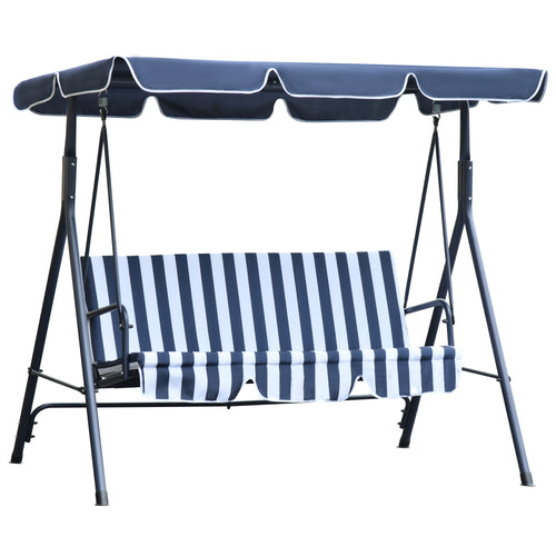 3-Seat Patio Swing Chair, Outdoor Porch Swing Glider with Adjustable Canopy, Removable Cushion, and Weather Resistant Steel Frame, for Garden, Poolside, Blue &; White