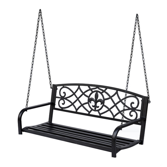 50"L Steel Porch Swing Fleur-De-Lis Patio Swing Chair Hanging Bench Outdoor 2-person Glider Chair Seat w/ Chain Antique Style Black - Gallery Canada