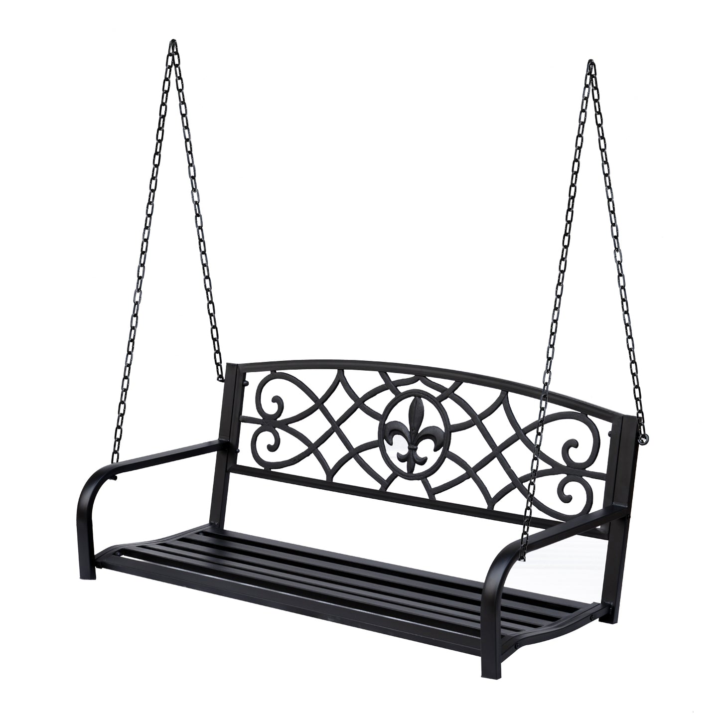 50"L Steel Porch Swing Fleur-De-Lis Patio Swing Chair Hanging Bench Outdoor 2-person Glider Chair Seat w/ Chain Antique Style Black at Gallery Canada