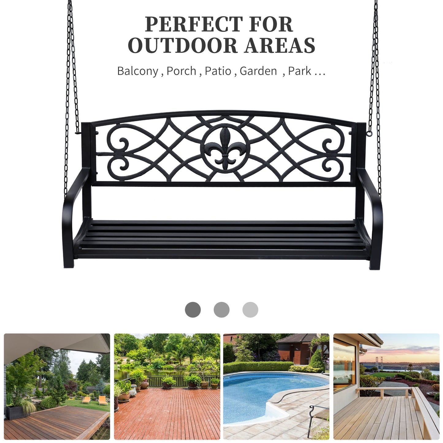 50"L Steel Porch Swing Fleur-De-Lis Patio Swing Chair Hanging Bench Outdoor 2-person Glider Chair Seat w/ Chain Antique Style Black at Gallery Canada