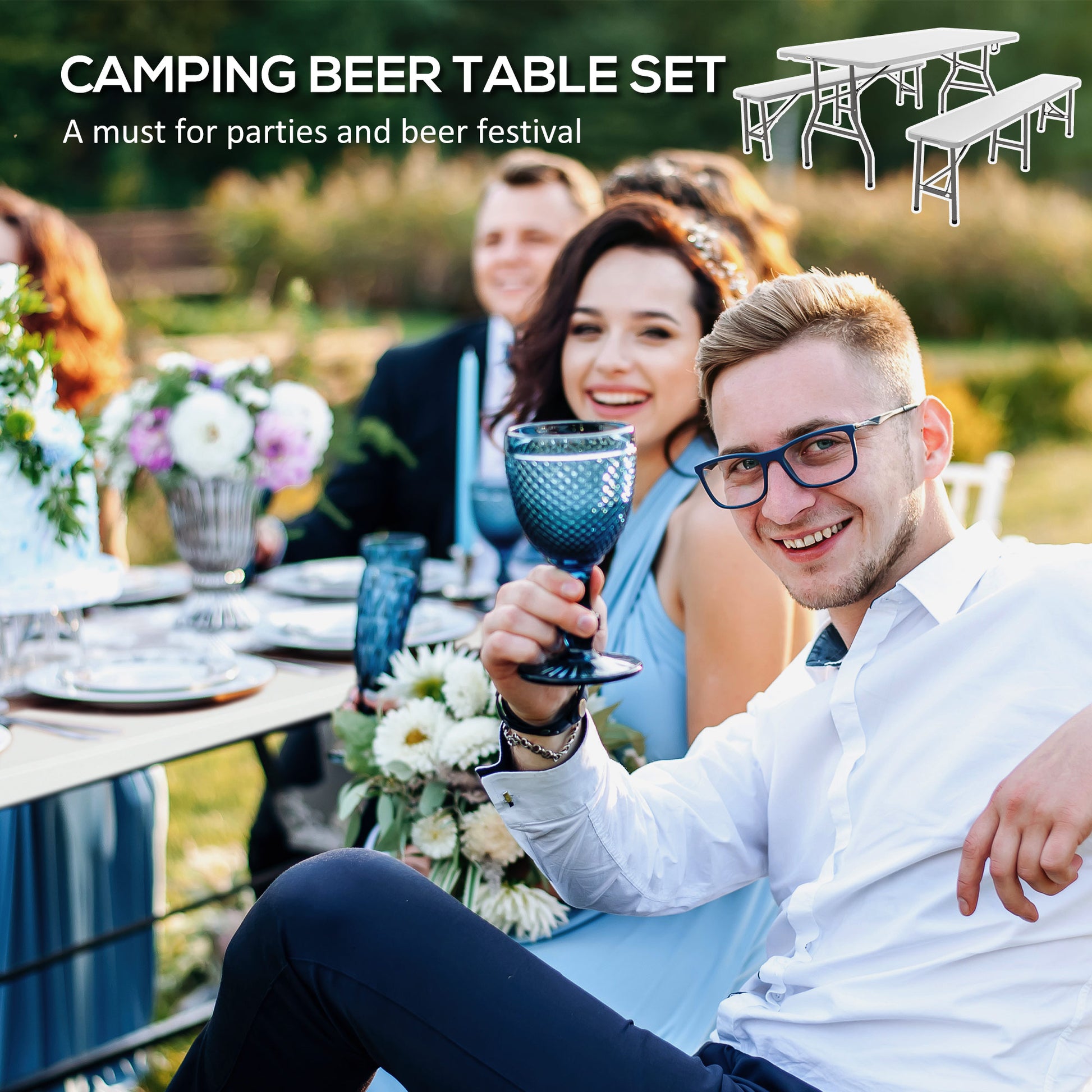72" Folding Picnic Table Set, 2 Benches, 3-Piece Outdoor HDPE German Style Biergarten Foldable Beer Table for 6, White at Gallery Canada