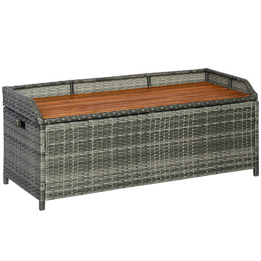 Patio Wicker Storage Bench Box, Outdoor Garden PE Rattan Pool Storage Deck Bin Box w/ Natural Wood Top, Lid, Ideal for Storing Tools, Accessories and Toys, Mixed Gray - Gallery Canada