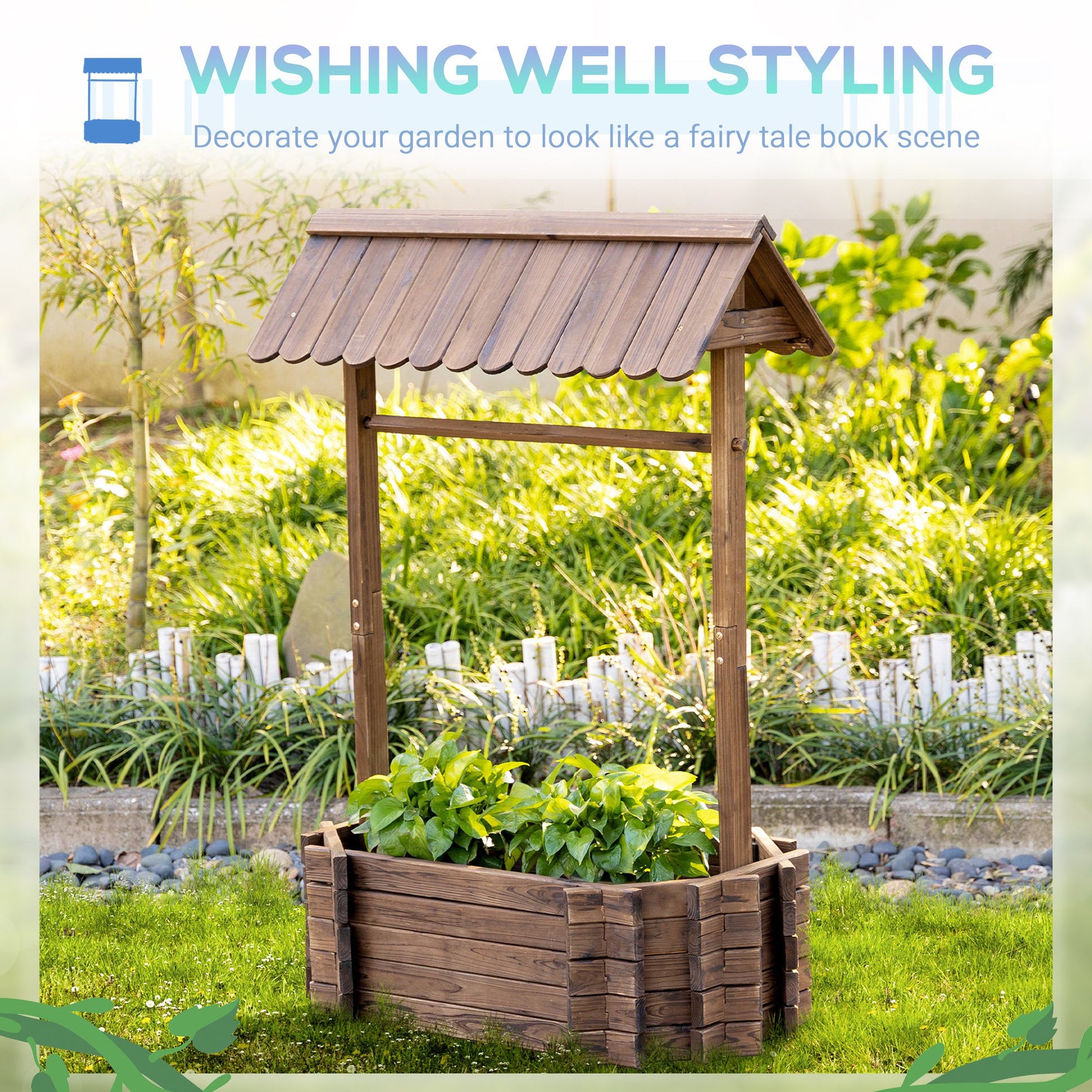 Wooden Wishing Well Garden Bed, Rustic Outdoor Flower Planter Patio Ornamental for Plants, Herb, Vegetables, Rustic Brown at Gallery Canada