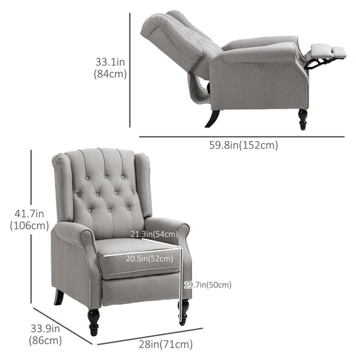 Wingback Reclining Chair with Footrest, Button Tufted Recliner Chair with Rolled Armrests for Living Room, Light Grey
