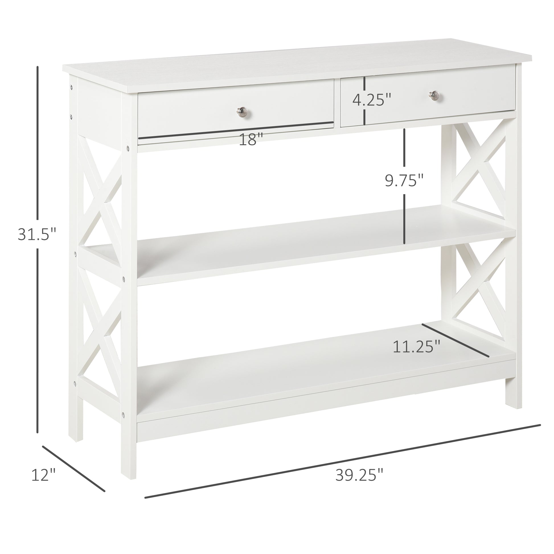 Console Table Sofa Side Desk with Storage Shelves Drawers X Frame for Living Room Entryway White at Gallery Canada