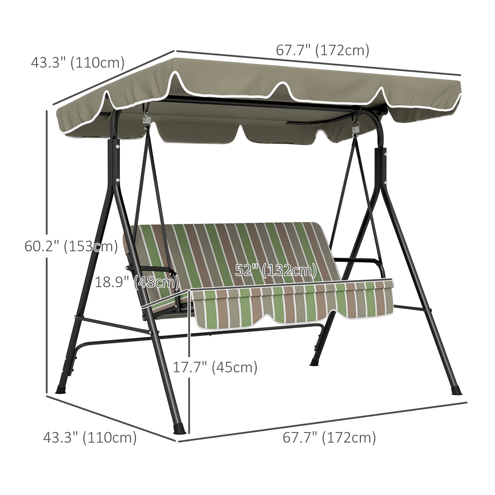 3-Seater Outdoor Porch Swing with Adjustable Canopy, Patio Swing Chair for Garden, Poolside, Backyard, Green and Brown at Gallery Canada