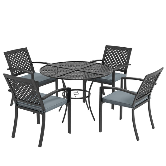 5-Piece Outdoor Dining Set with 4 Stackable Cushioned Armchairs, Patio Furniture Sets with Umbrella Hole Metal Plate Table, for Garden Deck Poolside Lawn Yard, Grey at Gallery Canada