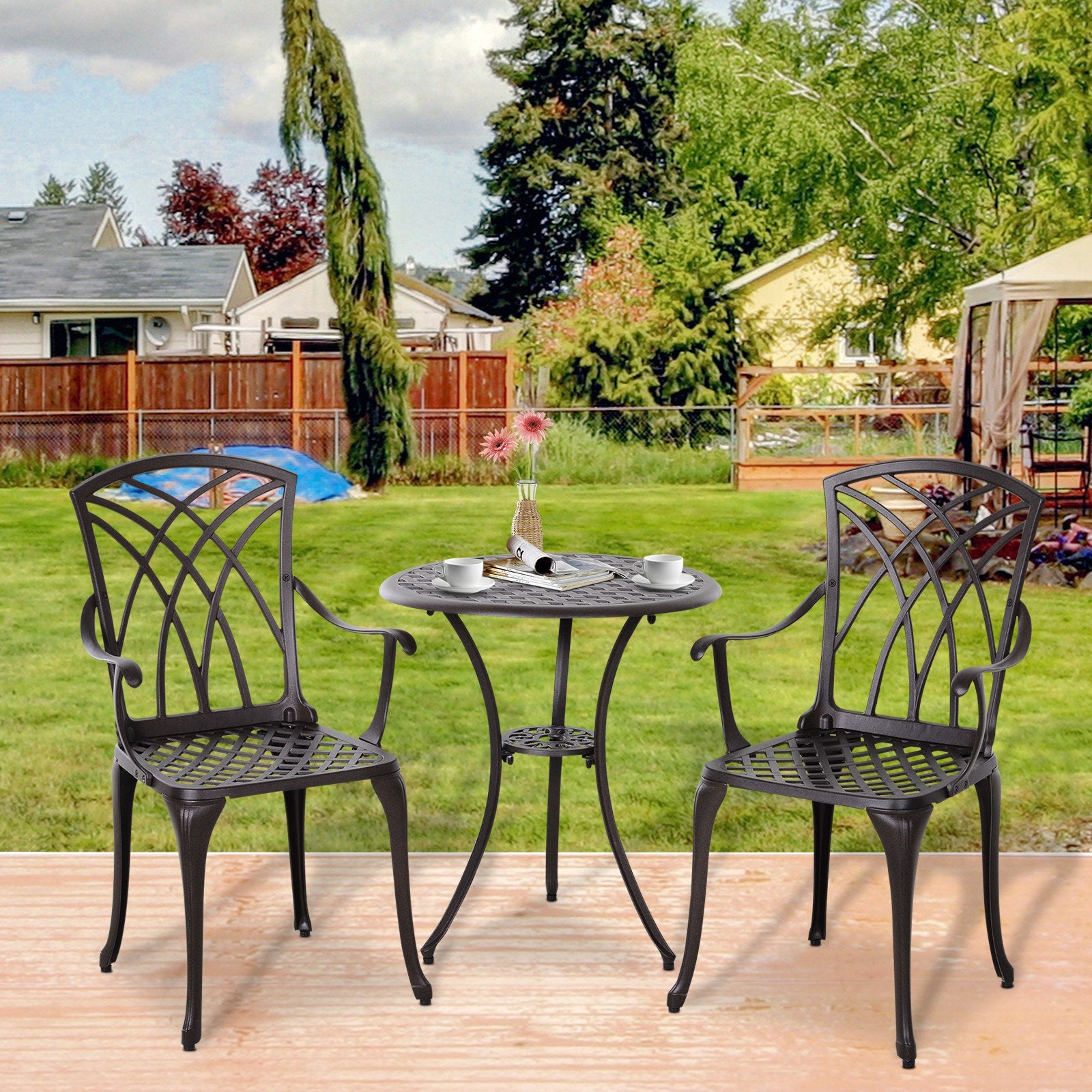 3 Pieces Patio Bistro Set, Cast Aluminum Outdoor Conversation Furniture Set, Coffee Table with Umbrella Hole, 2 Armchairs, Brown at Gallery Canada