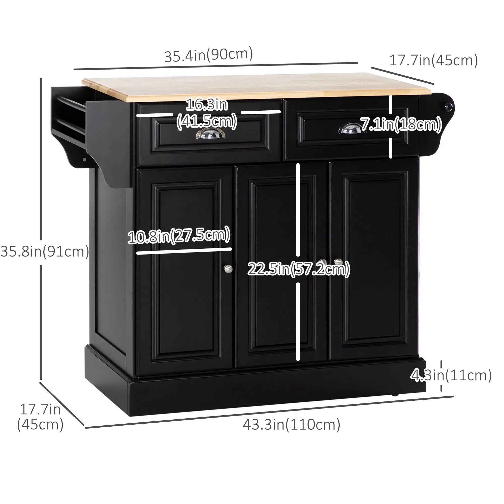 Kitchen Island with Storage, Rolling Cart, Rubber Wood Top, Black Kitchen Islands & Kitchen Carts at Gallery Canada