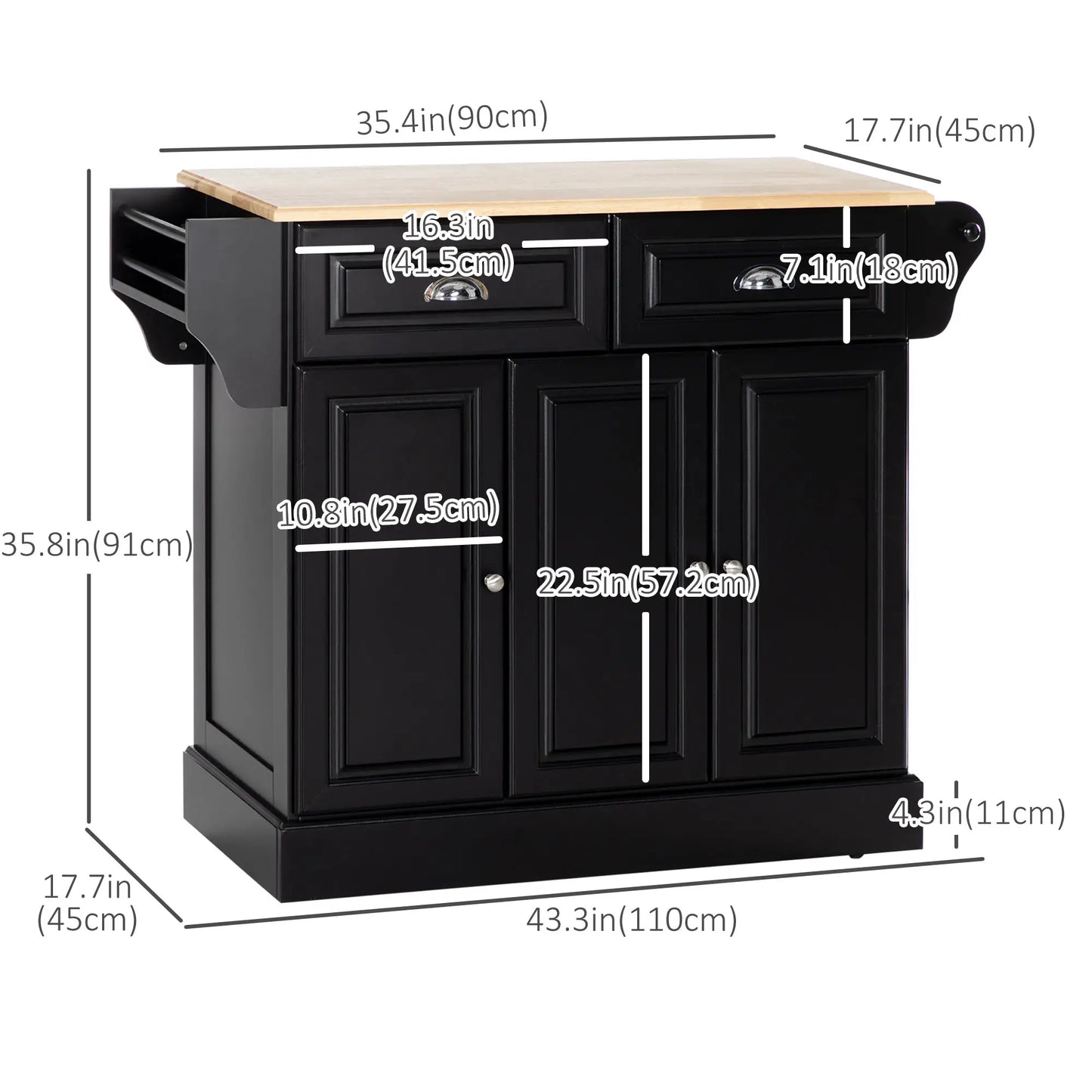 Kitchen Island with Storage, Rolling Cart, Rubber Wood Top, Black Kitchen Islands & Kitchen Carts at Gallery Canada