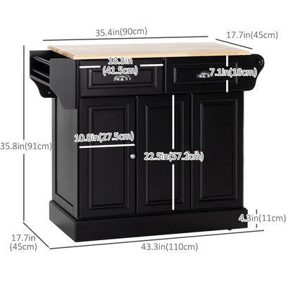 Kitchen Island with Storage, Rolling Cart, Rubber Wood Top, Black Kitchen Islands & Kitchen Carts at Gallery Canada