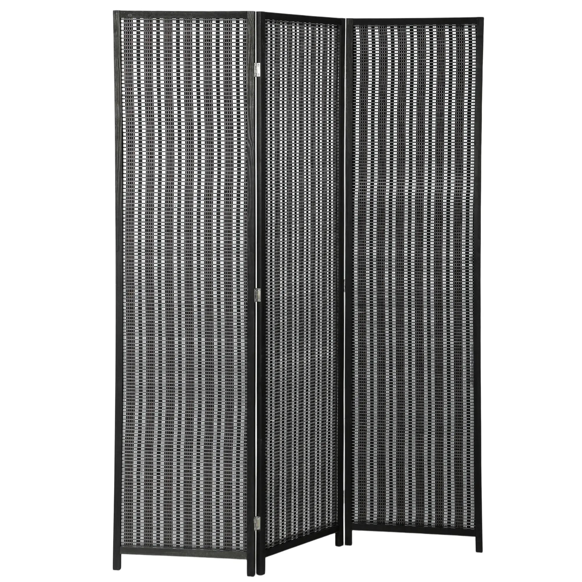 3 Panel Folding Privacy Screen, Handwoven Bamboo Pine Wood Frame, Black Room Dividers Black at Gallery Canada
