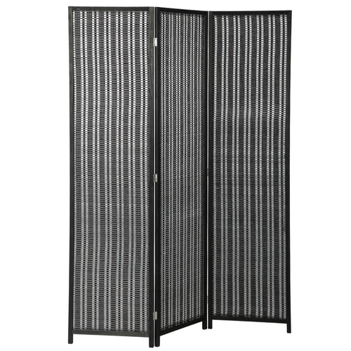3 Panel Folding Privacy Screen, Handwoven Bamboo Pine Wood Frame, Black