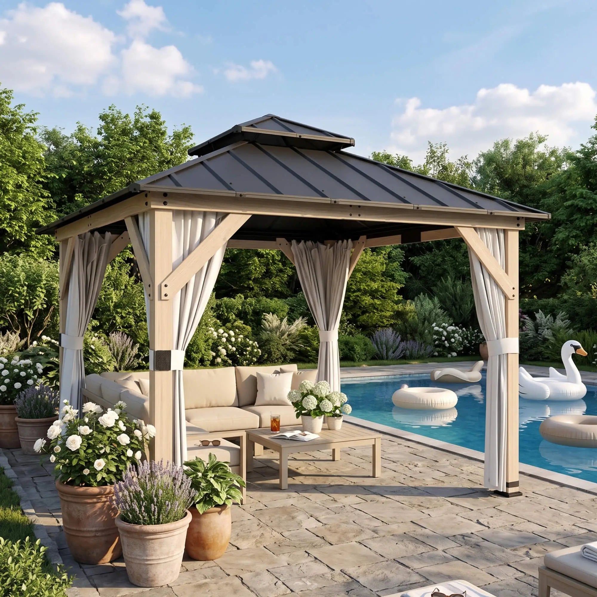 10' x 10' Hardtop Gazebo, Steel Roof, Wood Patio, Light Grey Gazebos at Gallery Canada