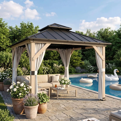10' x 10' Hardtop Gazebo, Steel Roof, Wood Patio, Light Grey Gazebos at Gallery Canada
