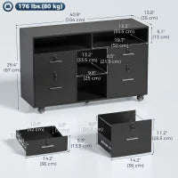 Filing Cabinet Locking Drawers Open Shelves 5 Casters, Black