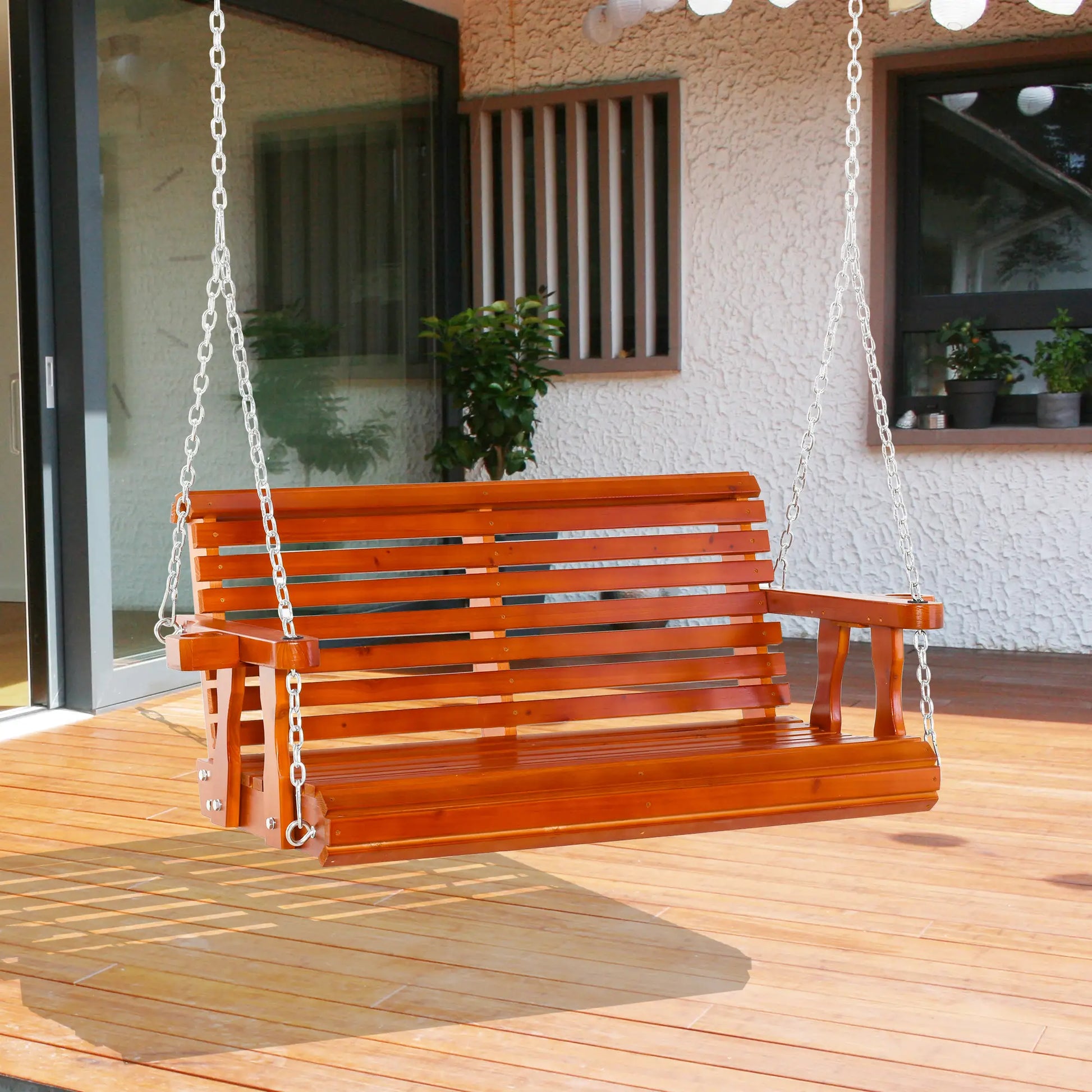 2 Seater Wooden Porch Swing, Patio Chair with Cup Holder, Brown Hanging Porch Swings at Gallery Canada