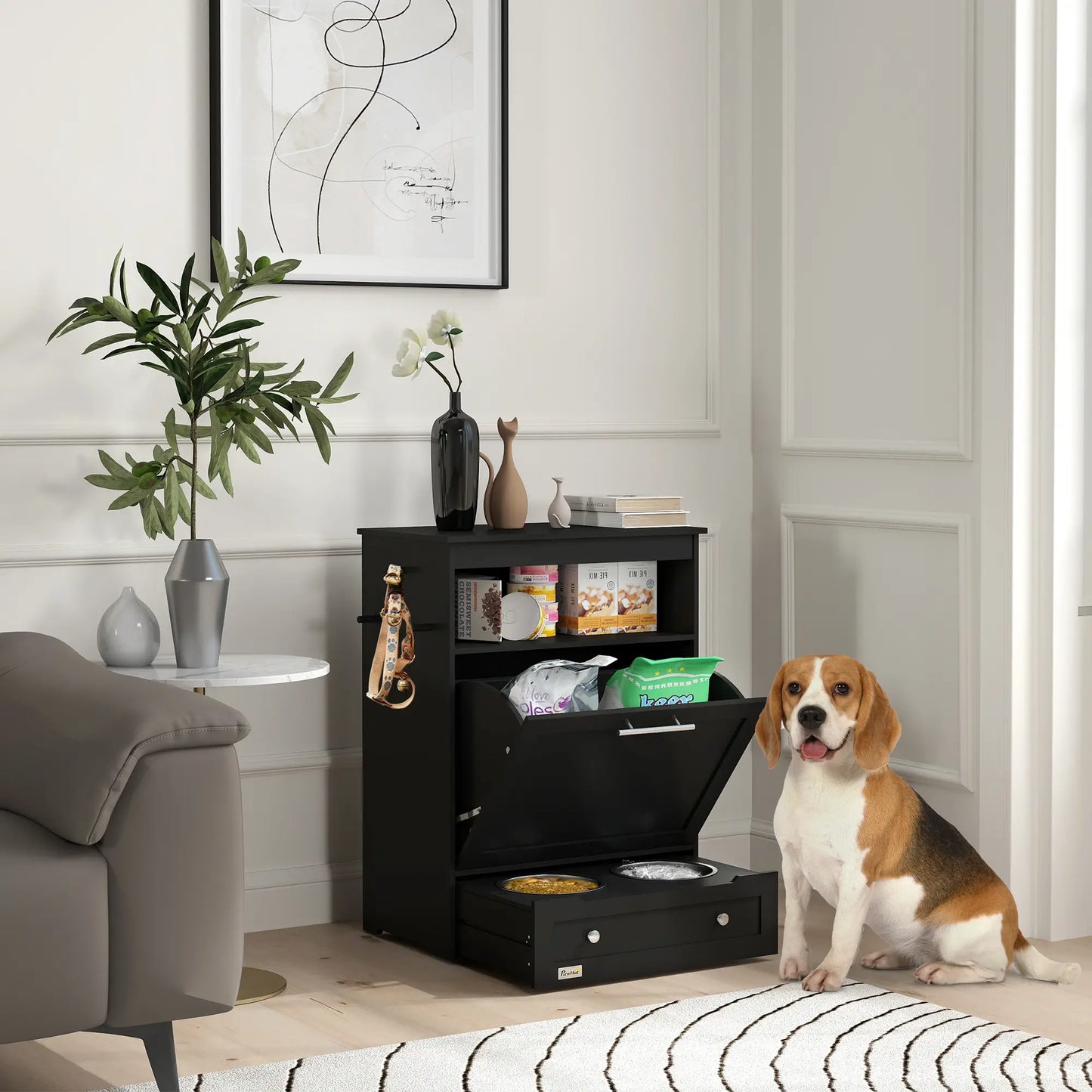 Pet Feeder Station, Dog Food Storage Cabinet with Bowls, Black Dog Bowls at Gallery Canada