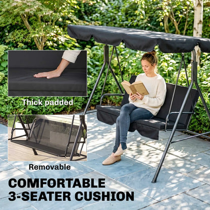 3-Seater Outdoor Porch Swing, Adjustable Canopy, Black Patio Swings with Stand at Gallery Canada
