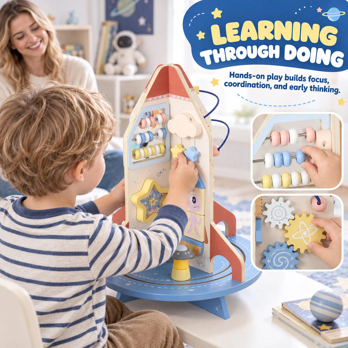 Cube d'activité en bois fusée, trieur de formes et labyrinthe de perles pour tout-petits 24M-6Y