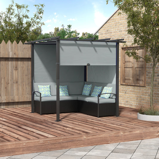 Outdoor PE Rattan Sofa Set, Retractable Canopy Pergola, Grey Patio Furniture Sets Black Frame, Grey Fabric, White and Green Pillow at Gallery Canada