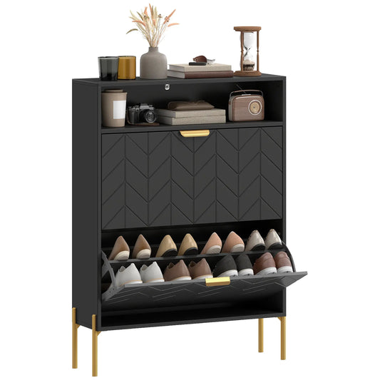Narrow Shoe Cabinet, 2 Flip Drawers, Adjustable Shelves, Open Compartment, Black Shoe Storage Cabinets & Racks Black, Gold at Gallery Canada