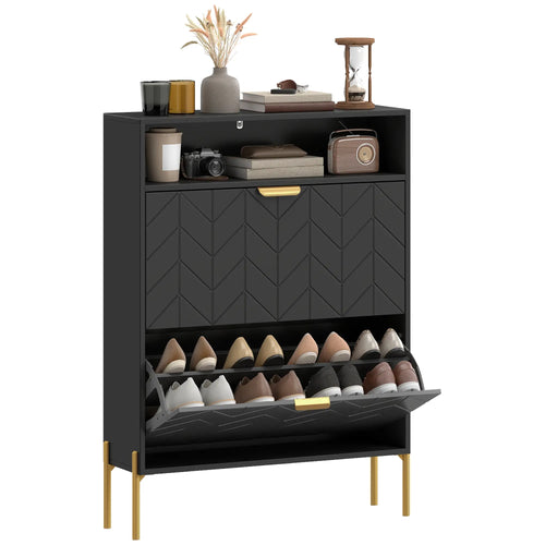 Narrow Shoe Cabinet, 2 Flip Drawers, Adjustable Shelves, Open Compartment, Black