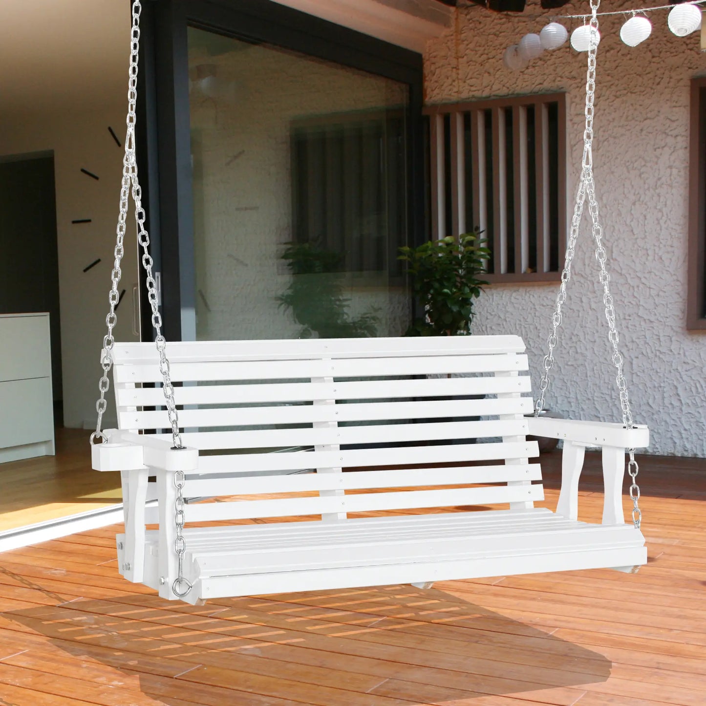 2 Seater Wooden Porch Swing, Outdoor Patio Chair with Cup Holder, White Hanging Porch Swings at Gallery Canada