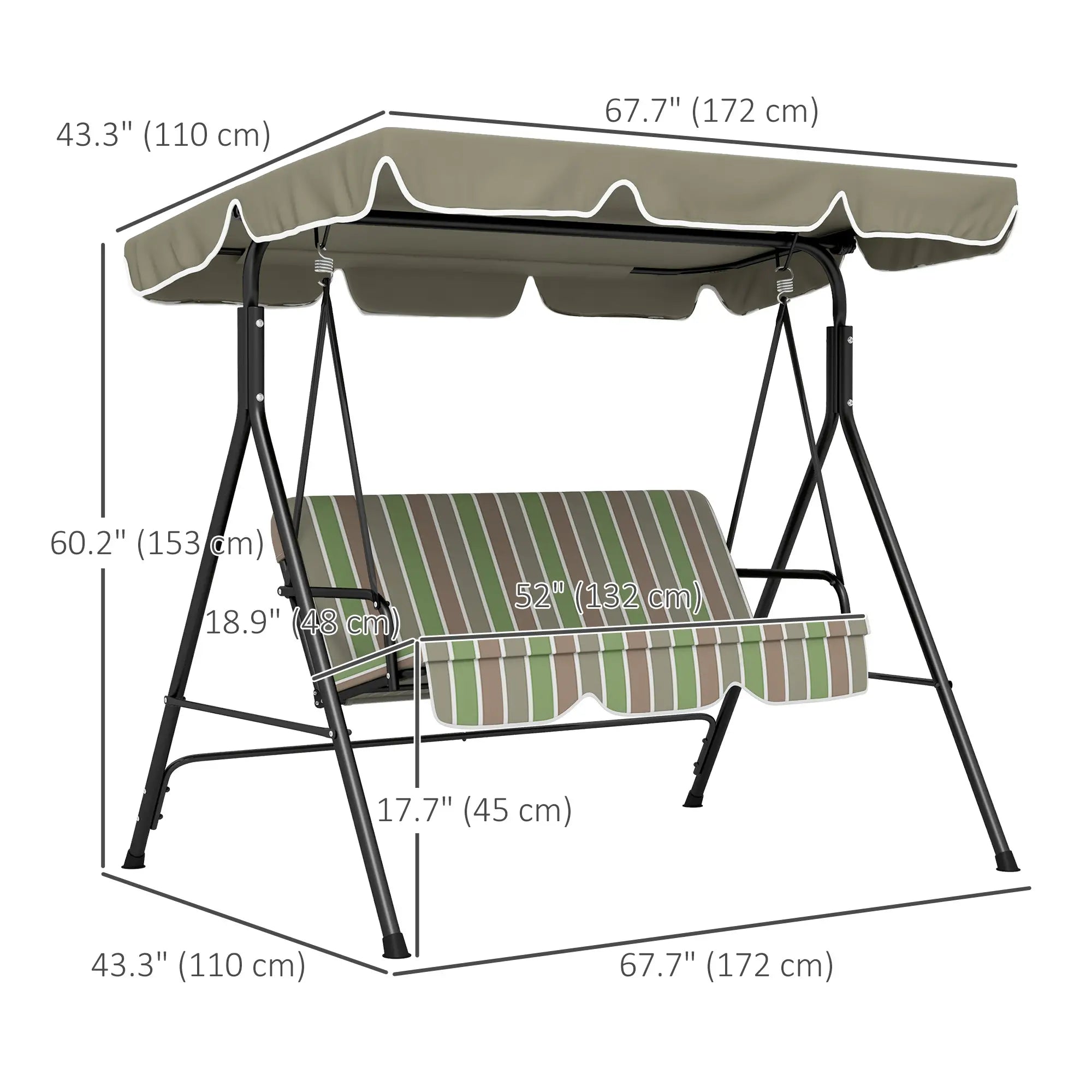 3-Seater Outdoor Porch Swing, Adjustable Canopy, Brown, Green Patio Swings with Stand at Gallery Canada
