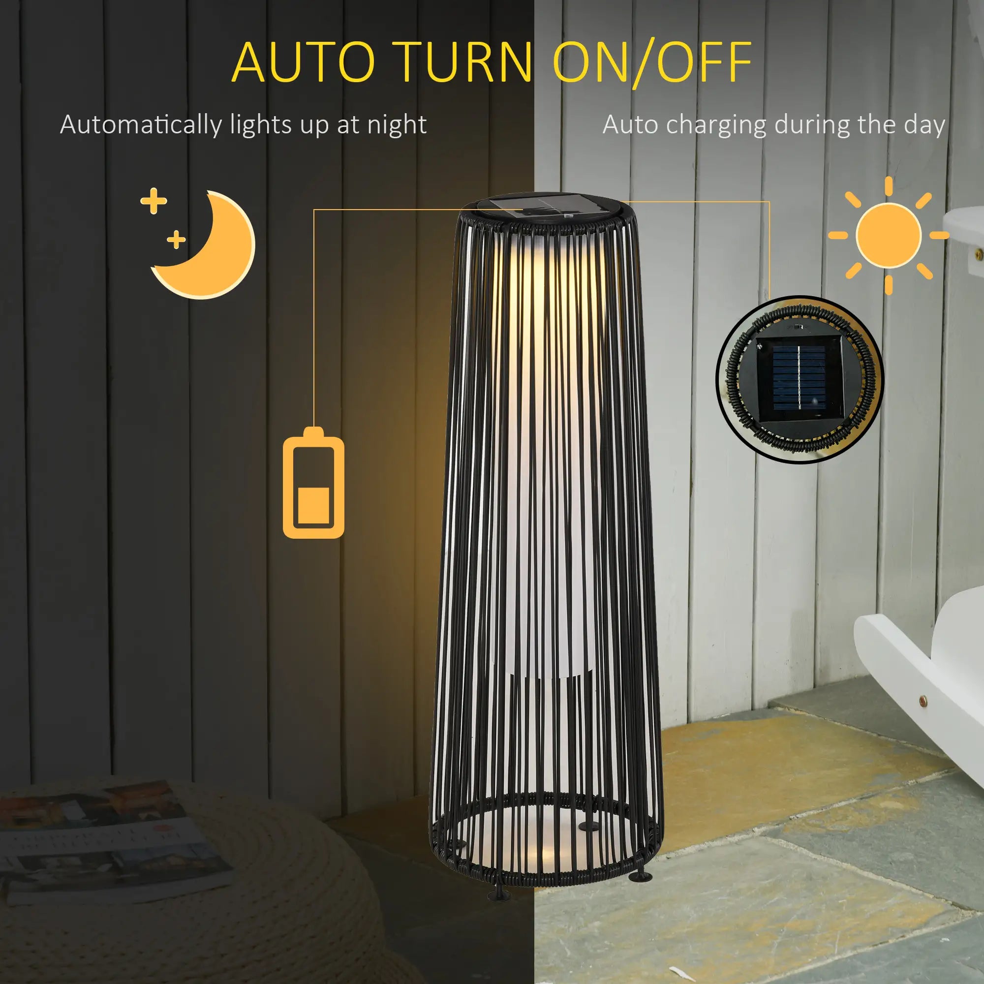 Wicker Solar Floor Lamp, Auto On/Off LED, IP44, Black Solar Post Lamps at Gallery Canada