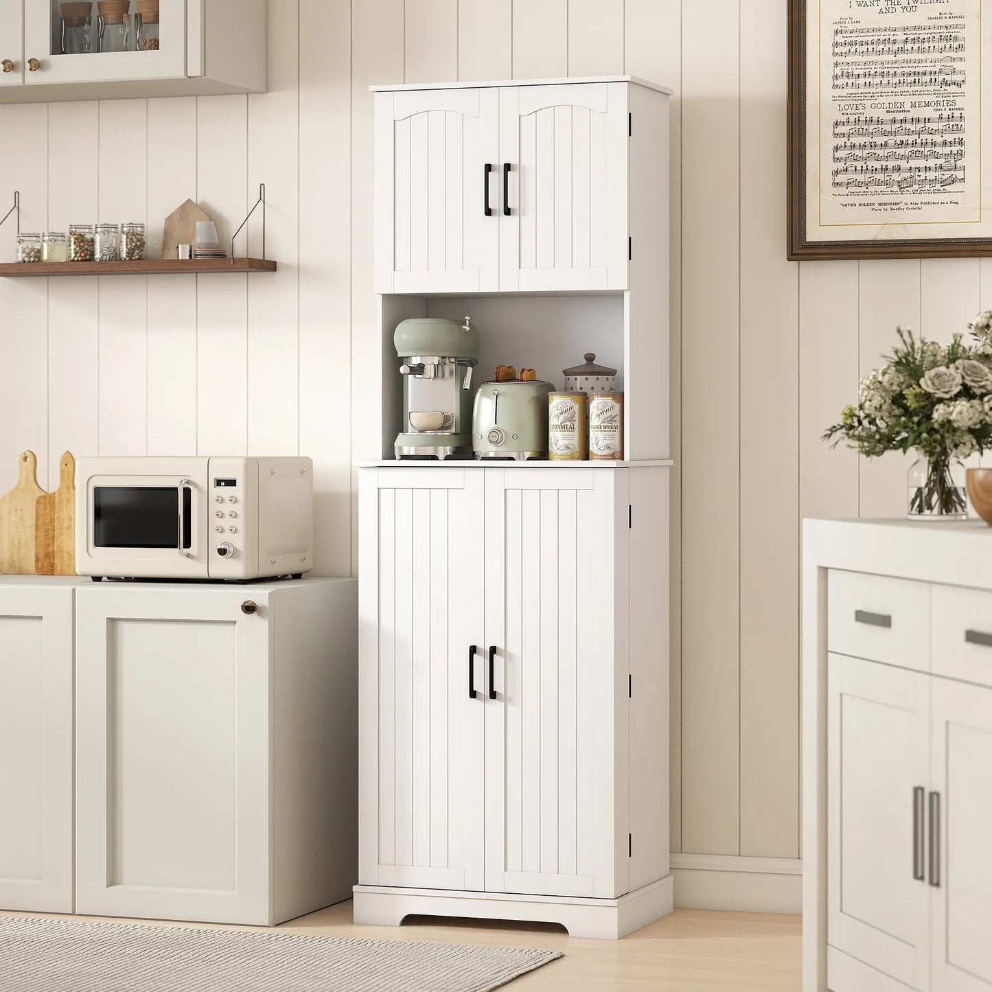 71.5" Tall Pantry Cabinet, Farmhouse Kitchen Storage, Adjustable Shelves, White Kitchen Pantry Cabinets at Gallery Canada