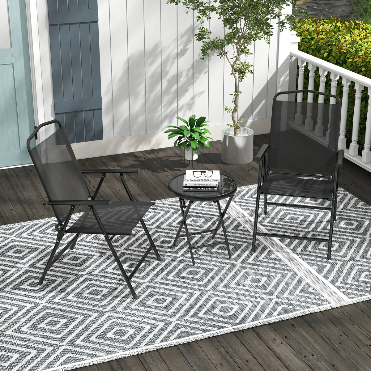 Ensemble Bistro 3 pièces, Mobilier de patio pliable, Chaises en maille, Table en verre, Noir