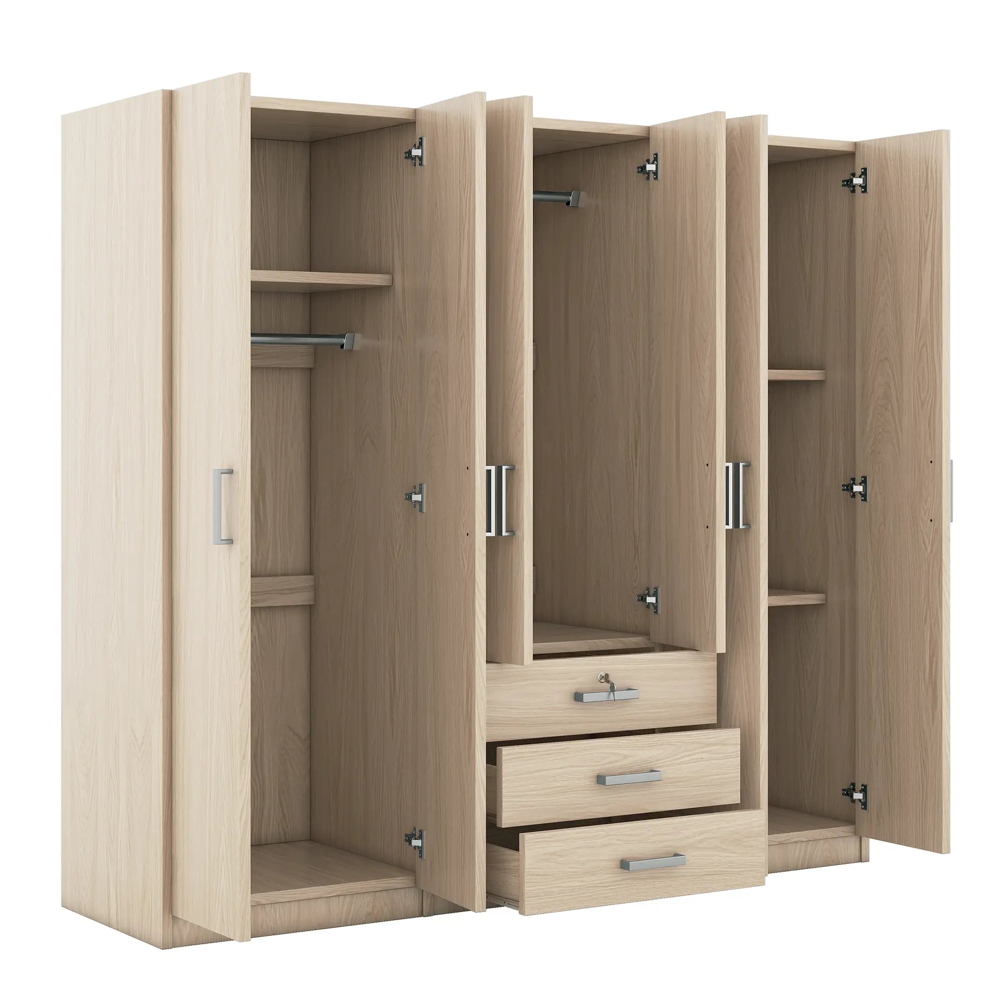 Wooden Wardrobe, 3 Drawers, MDF, Silver Handles, 71