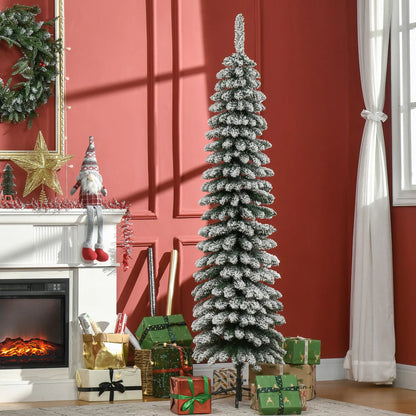6 Ft Snow-Flocked Artificial Christmas Tree, Slim Pencil, Metal Base, Green Artificial Christmas Trees at Gallery Canada