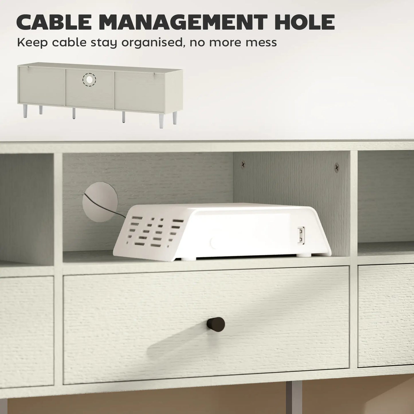 Support TV pour 75 Pouces, 3 Étagères de Rangement, 3 Tiroirs, Blanc