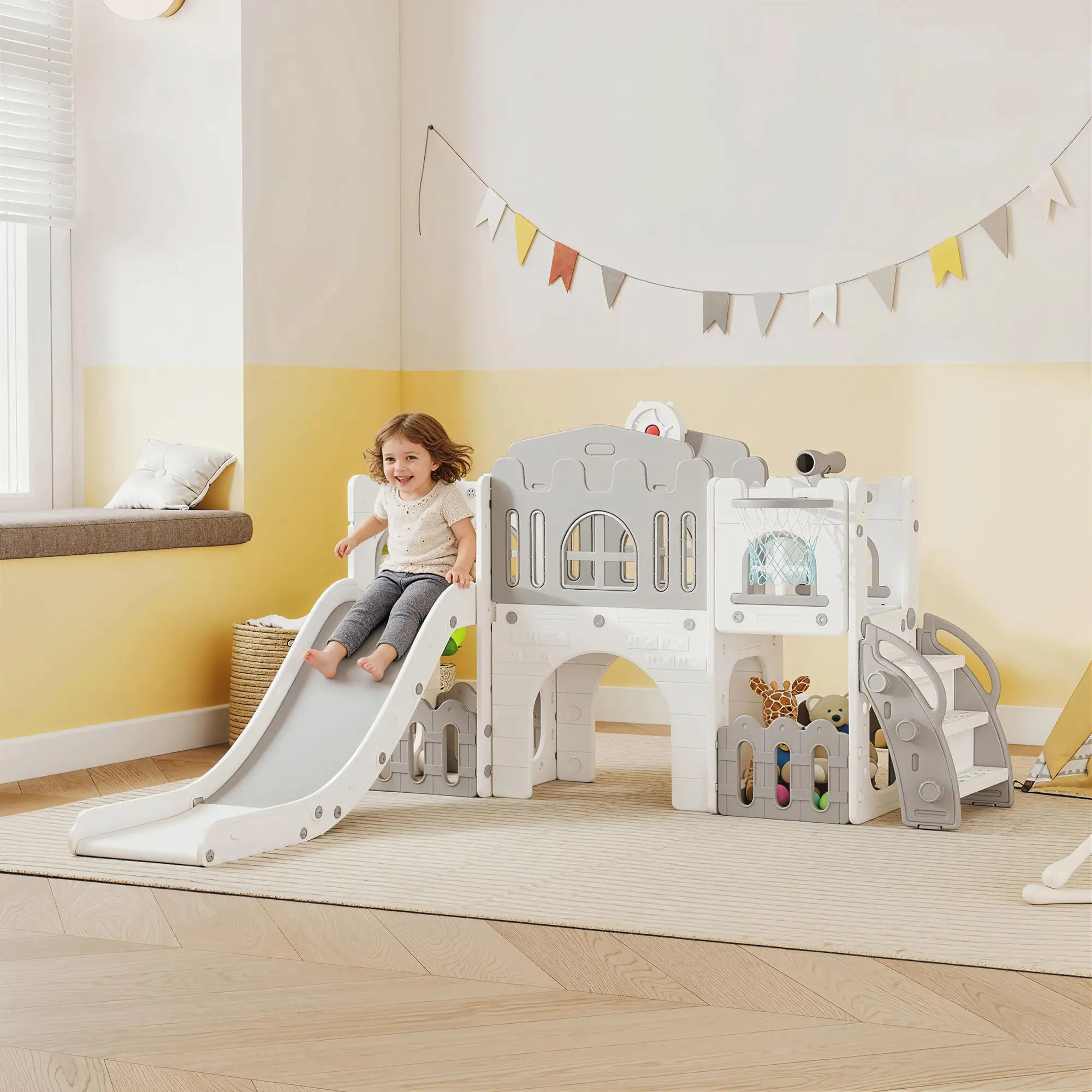 7-In-1 Toddler Slide With Basketball Hoop, Climber, Tunnel, Grey Gym Sets & Swings at Gallery Canada