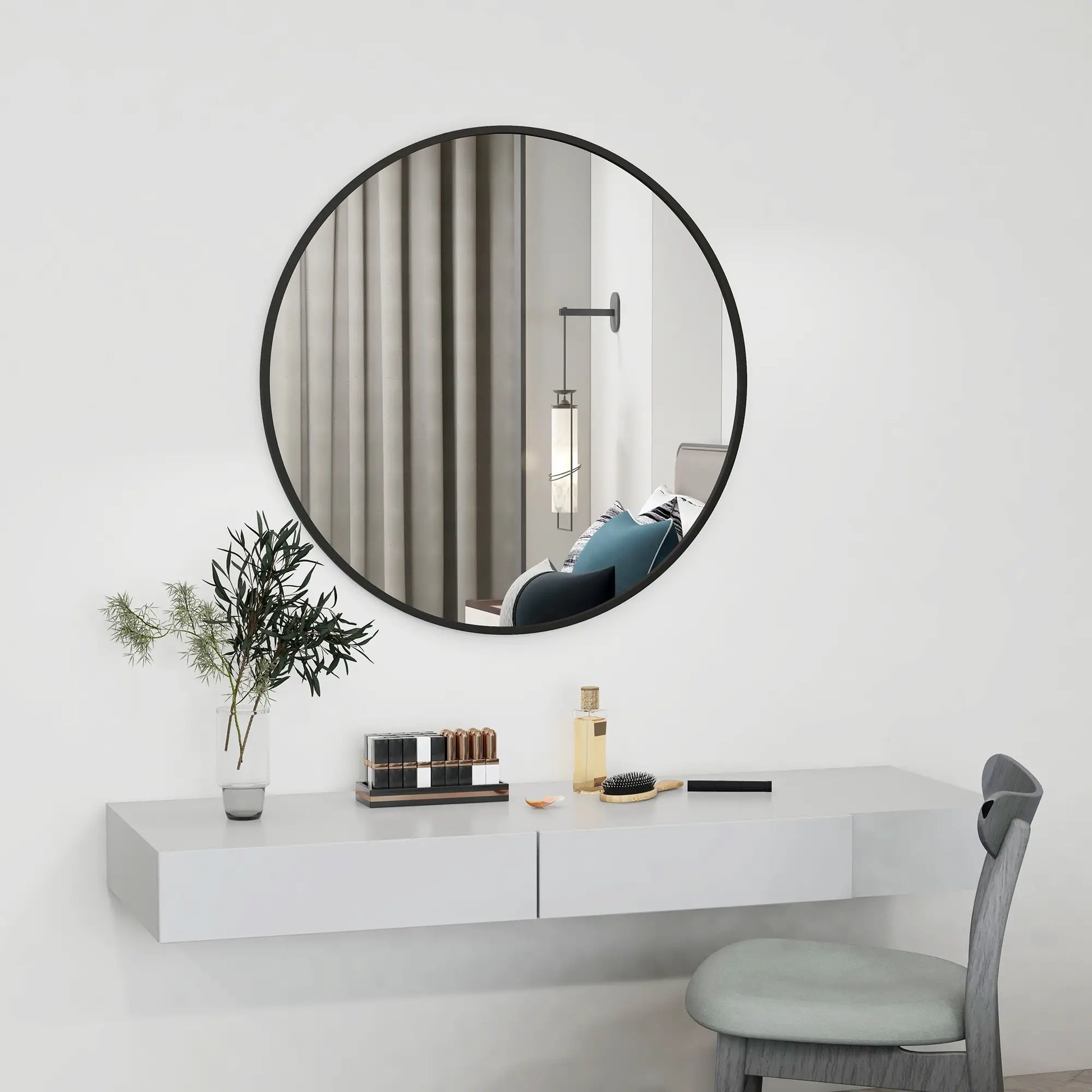 36" Round Mirror, Bathroom Wall Mirror, Metal Frame, Black Wall Mirrors at Gallery Canada