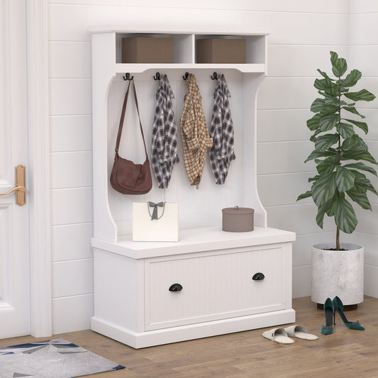 64.5"H Hall Tree with Storage Drawer &; Top Shelf, Coat Rack Wooden Entryway Storage Bench Hall Tree Hallway Clothes Bag Coat Rack 4 Hooks, White - Gallery Canada