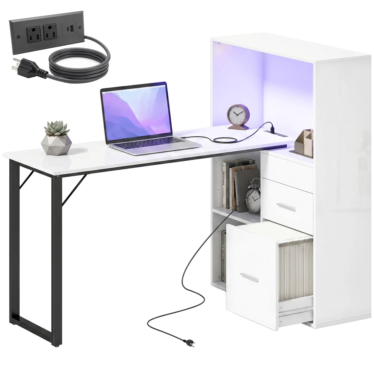 54" Computer Desk With Drawers, Power Outlets, LED Lights, White