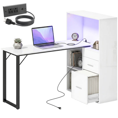 54" Computer Desk With Drawers, Power Outlets, LED Lights, White