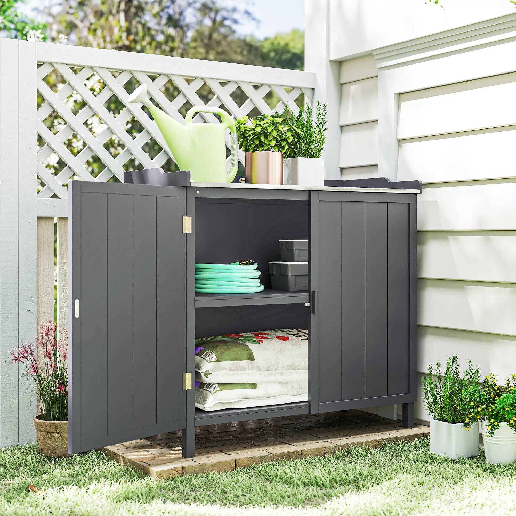 Outdoor Garden Storage Cabinet, Potting Bench with Galvanized Top, Grey Sheds at Gallery Canada
