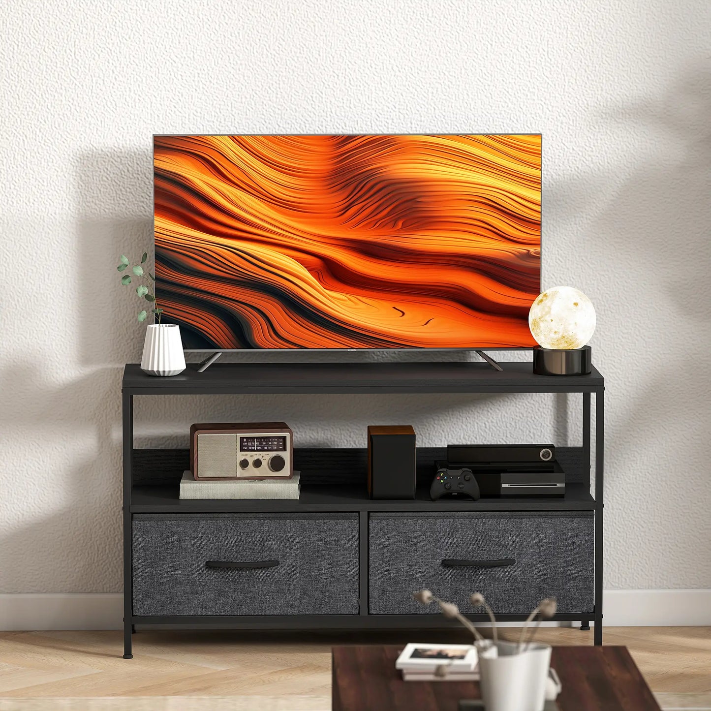 TV Stand with Charging Station, 2 Foldable Drawers, Open Shelf, 47 Inch, Black TV Stands at Gallery Canada