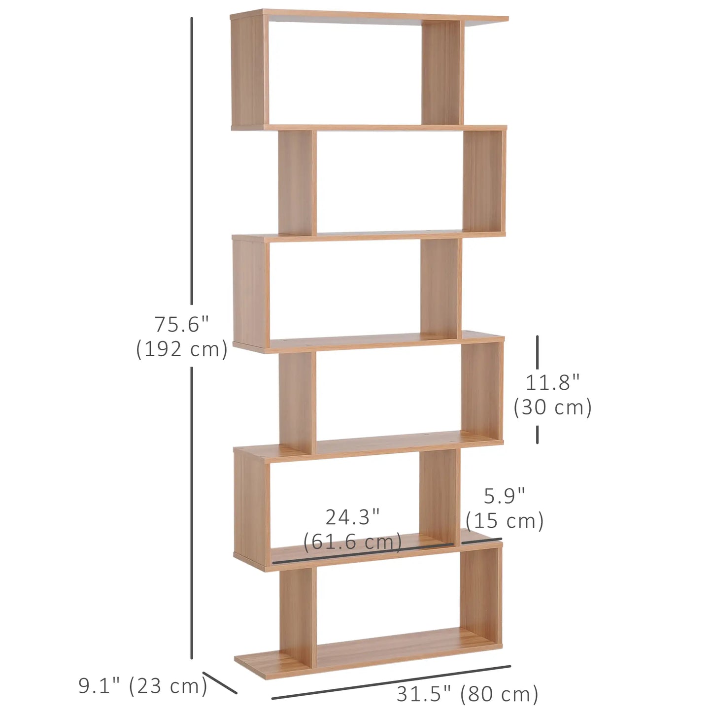 76" 6-Tier Geometric Wooden Bookcase, S Shaped Storage Display, Maple Display Bookshelves at Gallery Canada