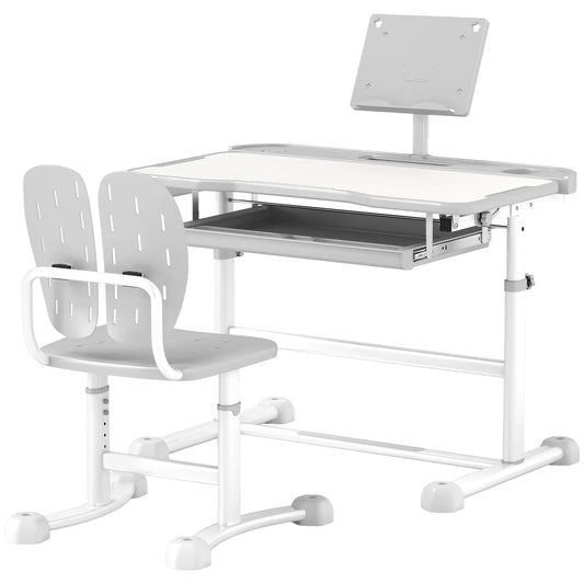 Adjustable Kids Desk and Chair Set, Tilt Desktop, Large Board, Drawer, Grey Kids Desk Sets Grey, White at Gallery Canada