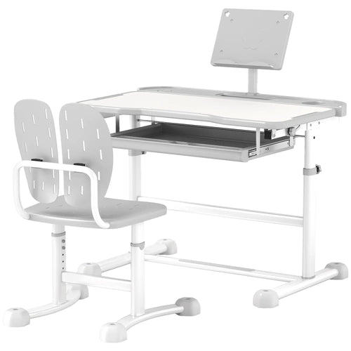 Adjustable Kids Desk and Chair Set, Tilt Desktop, Large Board, Drawer, Grey