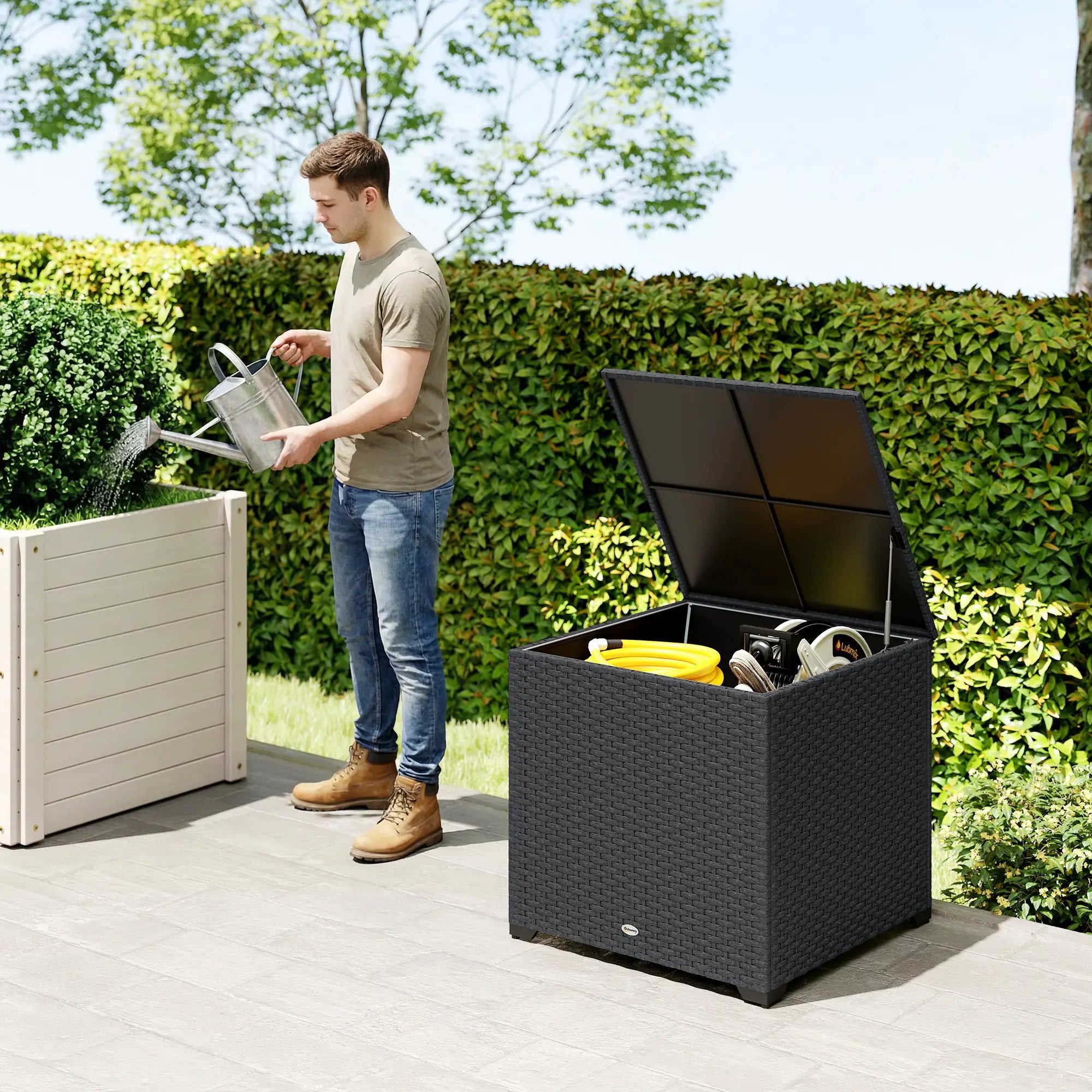 67 Gallon Rattan Deck Box, Waterproof Zippered Liner, Grey Patio Storage Boxes at Gallery Canada