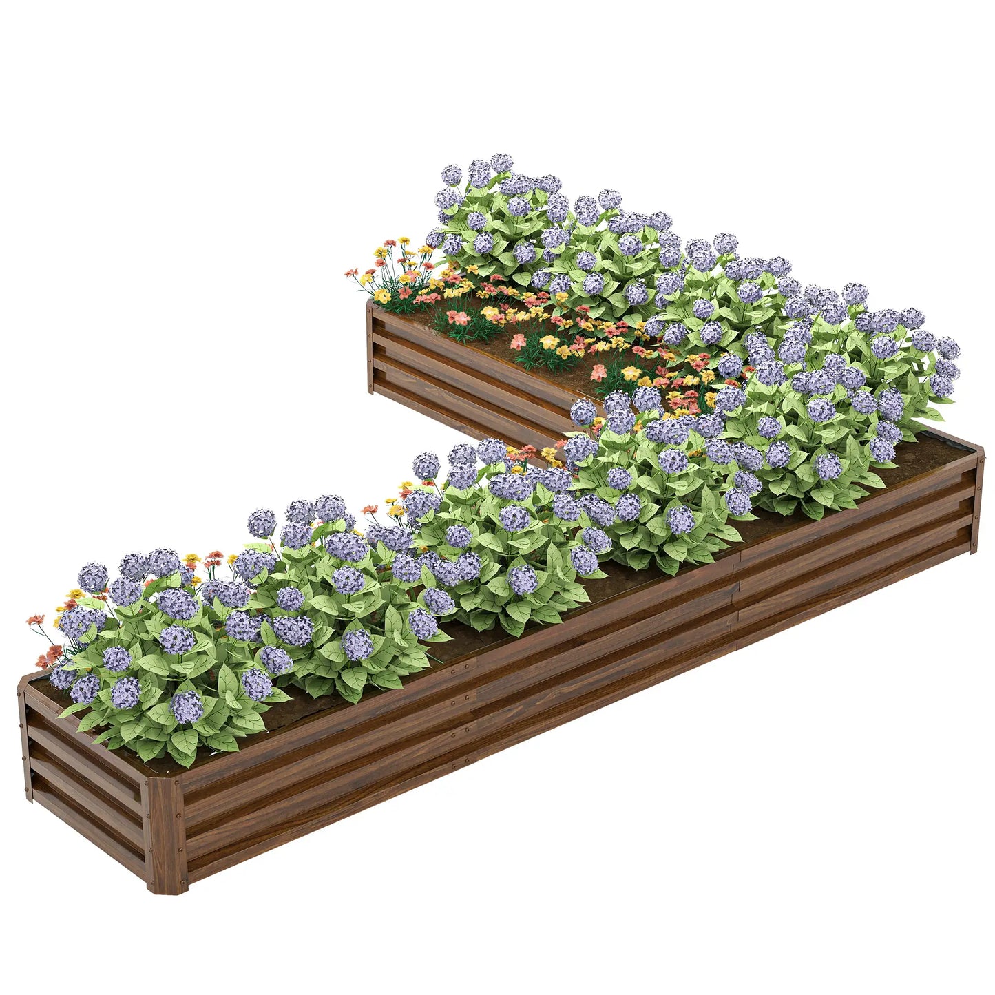 L-Shaped Raised Garden Bed, 82" x 109" x 12", Galvanized Steel Planter Box, Dark Brown Galvanized Planter Boxes Dark Brown Wood Effect at Gallery Canada