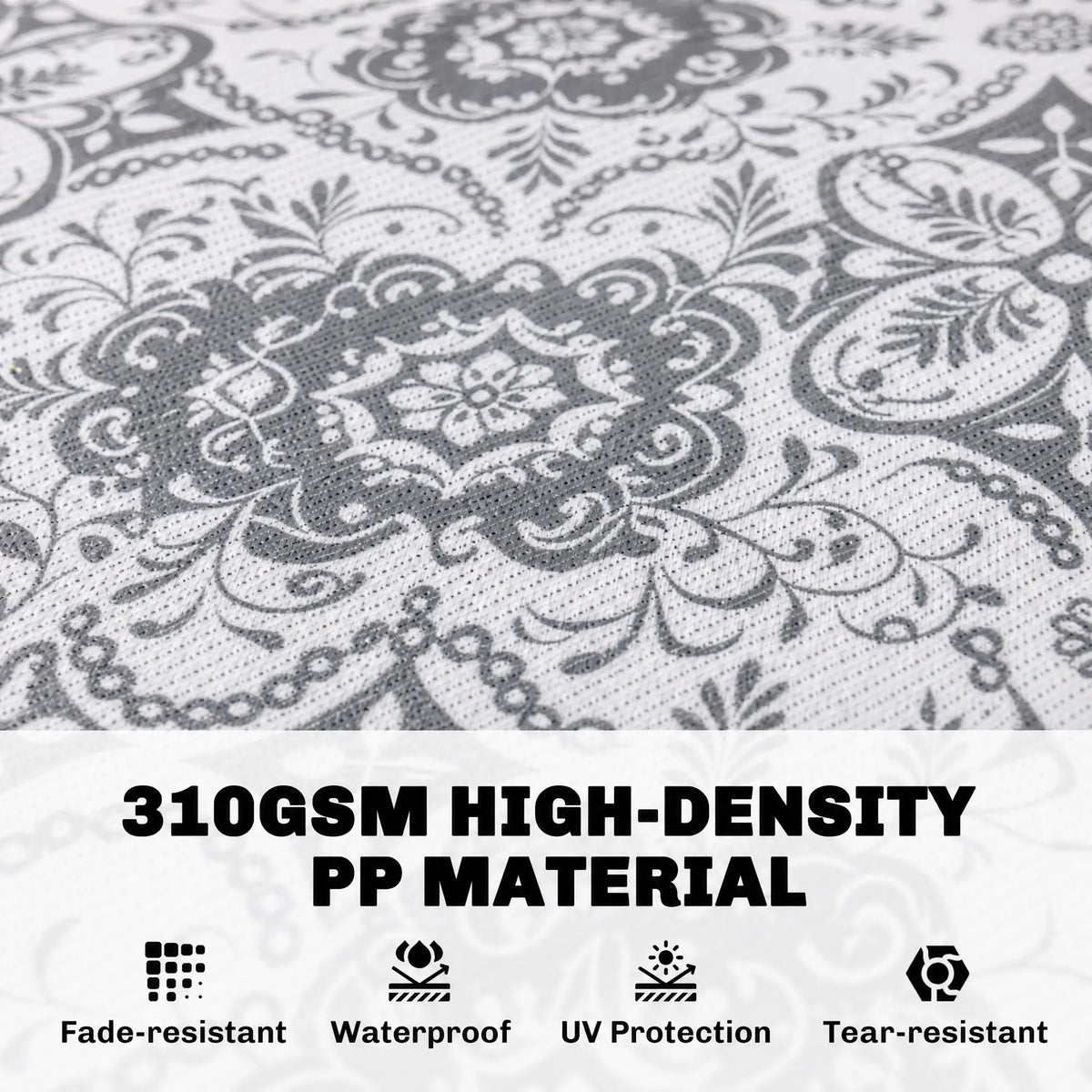 Tapis Extérieur Portable, 9' x 12', Imperméable, Fleur Blanche, Gris