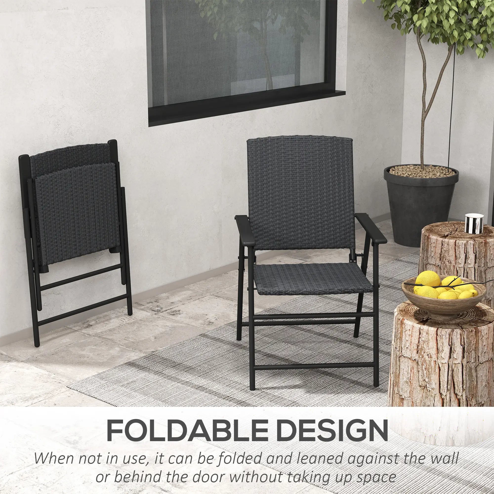 Outdoor Wicker Dining Chairs Set of 2, Steel Frame, Black Patio Chairs at Gallery Canada