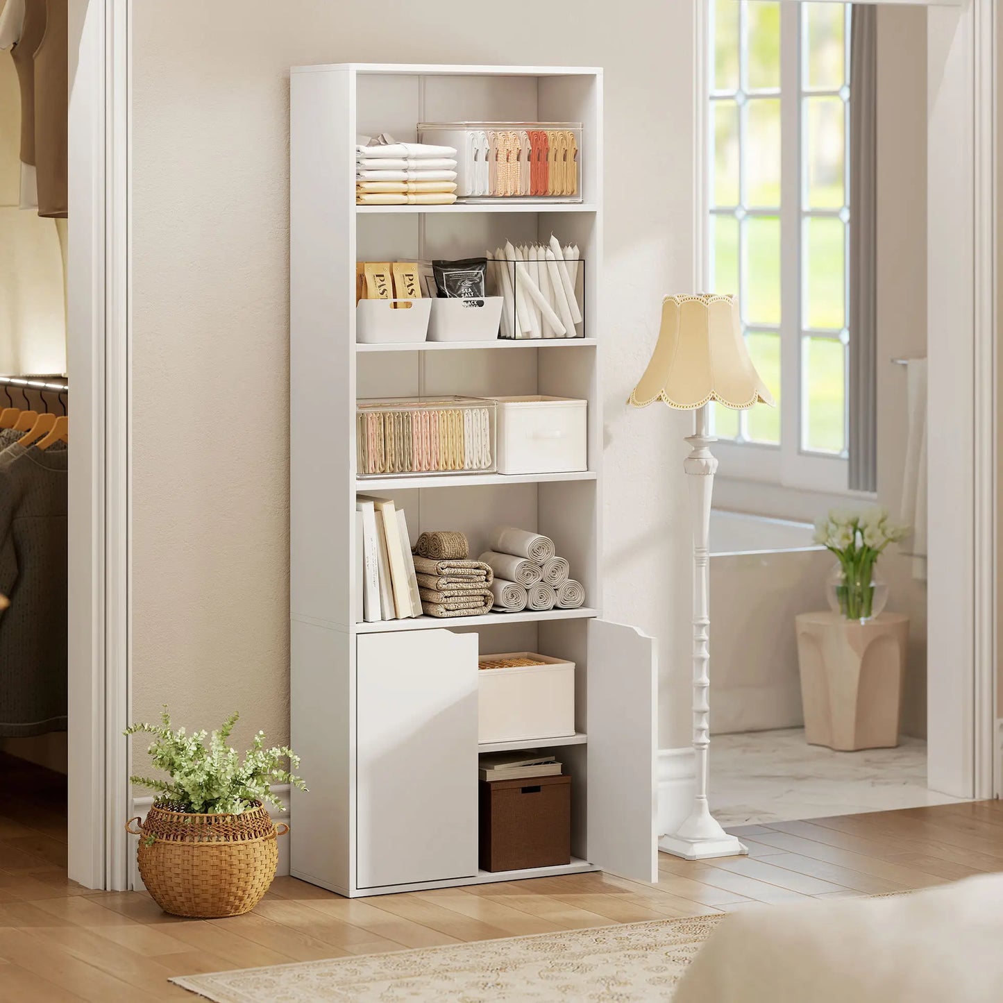 4-Tier Open Bookshelf with Doors, Home Office Bookcase, White White Bookshelves at Gallery Canada